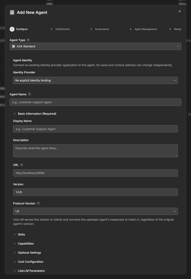 Add New Agent dialog in the Admin UI