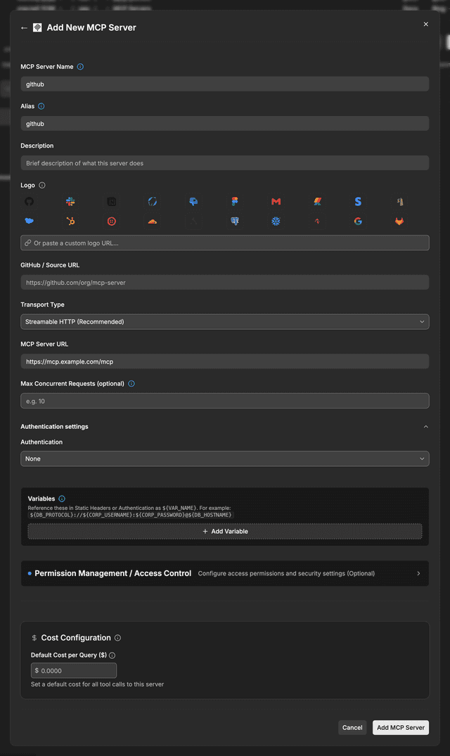 Add New MCP Server form with a Streamable HTTP server