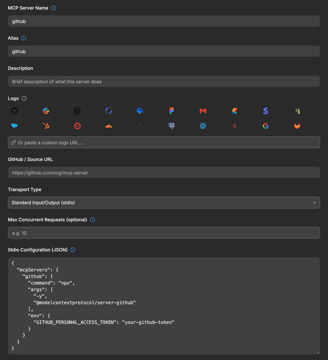 Stdio configuration for an MCP server