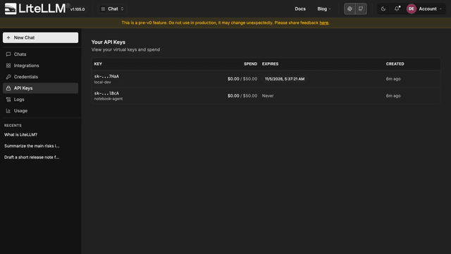 The API Keys page with two virtual keys