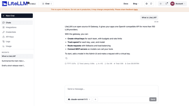 A chat with a response and the request metrics below the response