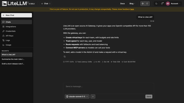 A chat with a response and the request metrics below the response