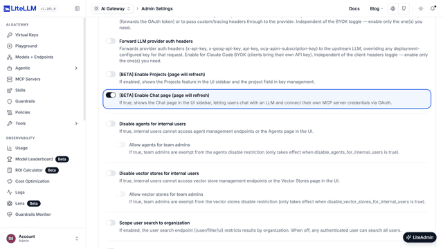 The Admin Settings page with the [BETA] Enable Chat page switch on and highlighted
