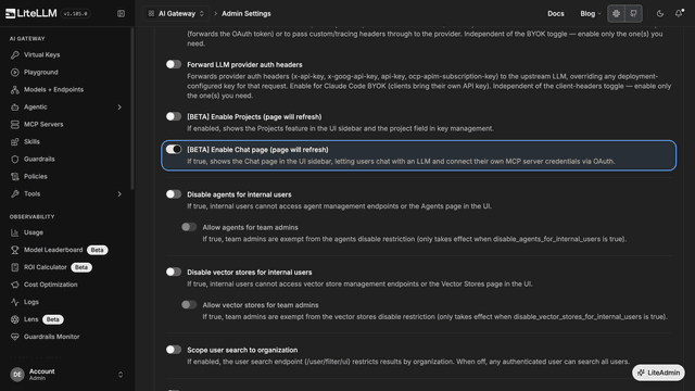 The Admin Settings page with the [BETA] Enable Chat page switch on and highlighted