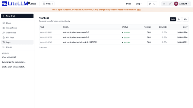 The Logs page with three successful requests