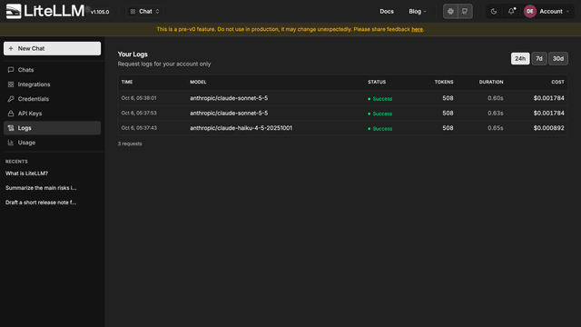 The Logs page with three successful requests