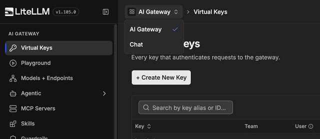 The view switcher with the AI Gateway and Chat options