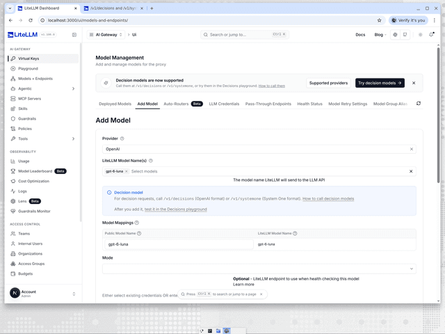 Add Model with OpenAI and gpt-6-luna picked, showing the Decision model note
