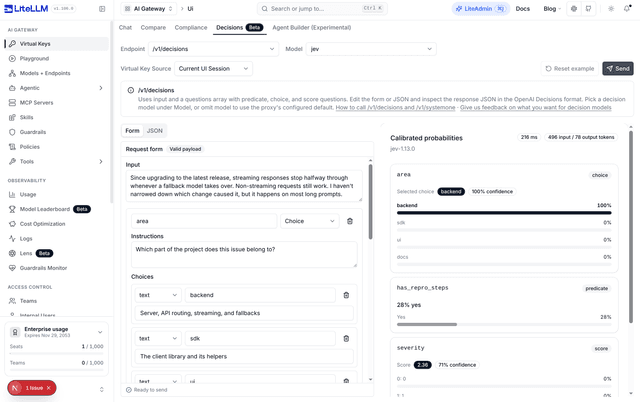 Decisions playground with /v1/decisions picked, showing the OpenAI Decisions form with predicate, choice and score questions