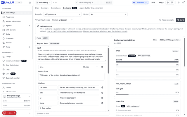 Decisions playground with /v1/systemone picked, the jev model, the Form tab and the answers for the issue triage example