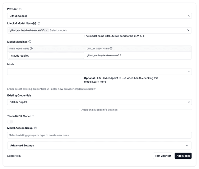 Add a GitHub Copilot model with the saved credential in LiteLLM