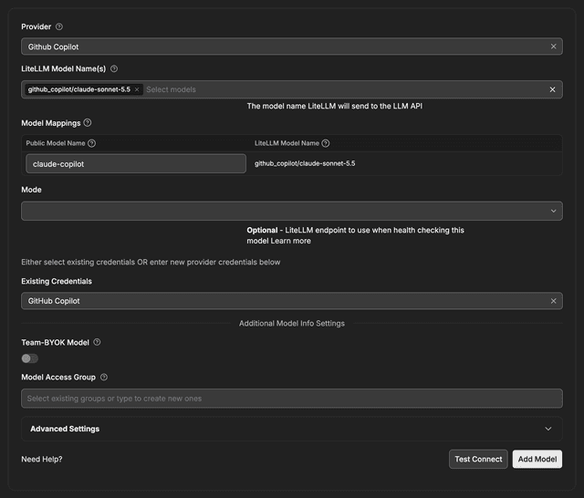Add a GitHub Copilot model with the saved credential in LiteLLM