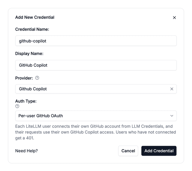 Create a per-user GitHub OAuth credential in LiteLLM