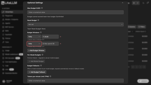 Reset schedule shown below each budget window
