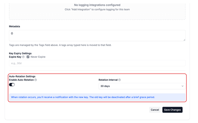 Auto-Rotation Settings in the key edit form