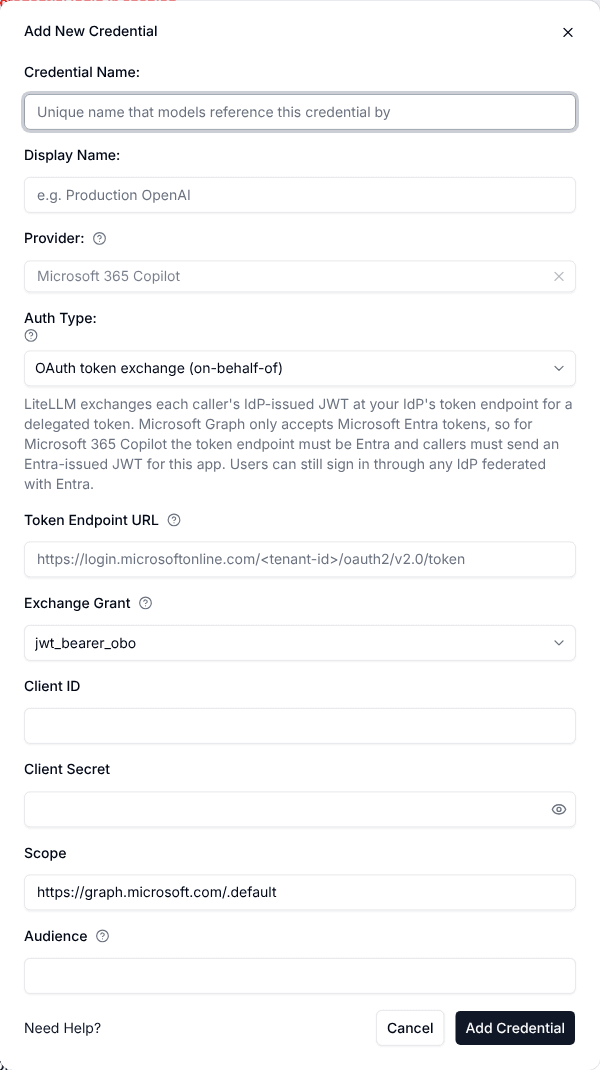 Microsoft 365 Copilot token exchange credential in LiteLLM