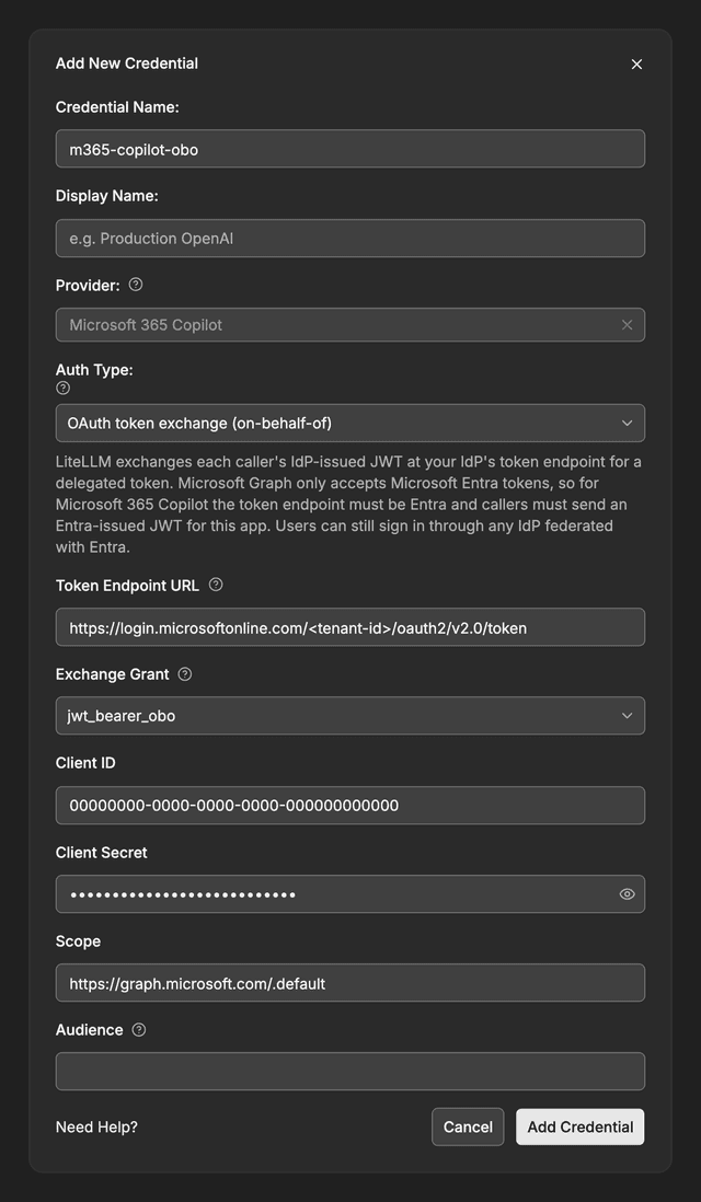 Microsoft 365 Copilot token exchange credential in LiteLLM