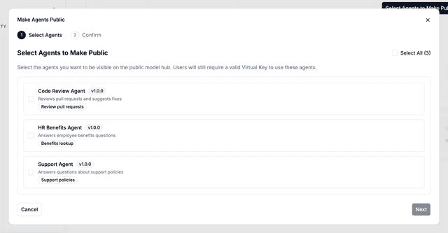 Make Agents Public dialog with agents selected