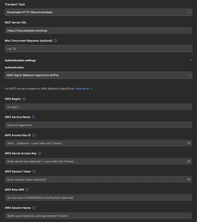 AWS SigV4 authentication settings for an MCP server