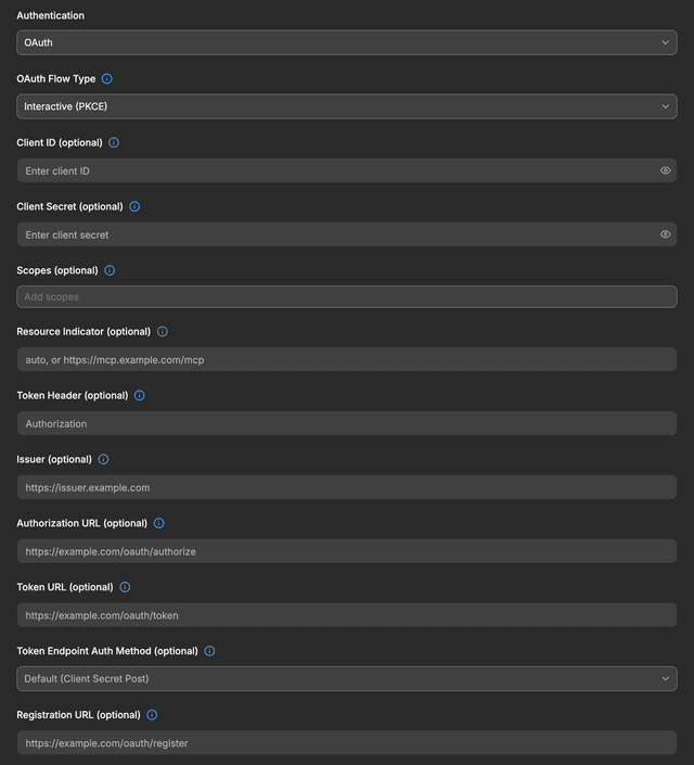 OAuth authentication settings for an MCP server