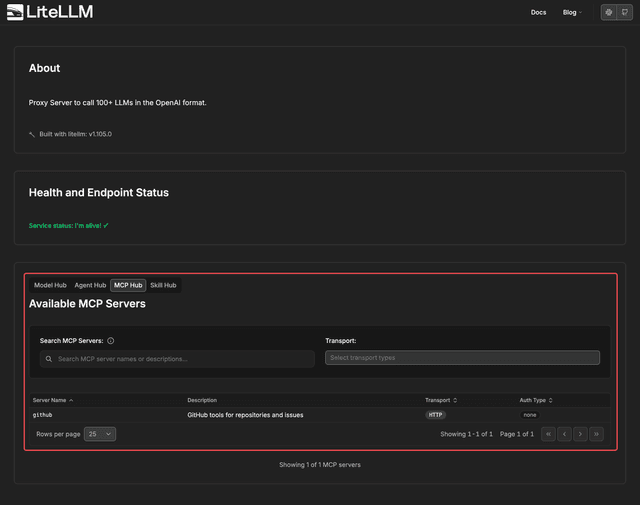 Public AI Hub showing the MCP Hub tab