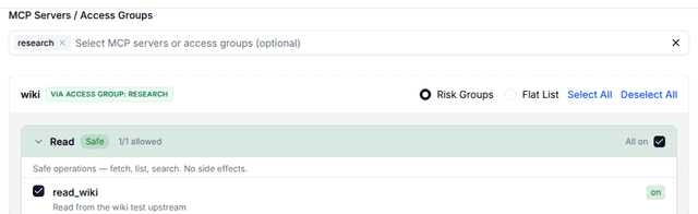 MCP Servers / Access Groups on a SCIM-provisioned team's settings with the research access group selected and the wiki server resolved through it