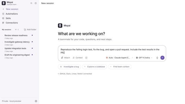 Moyai's browser workspace with a bug-fix prompt, agent and model selectors, connected apps, and recent sessions.