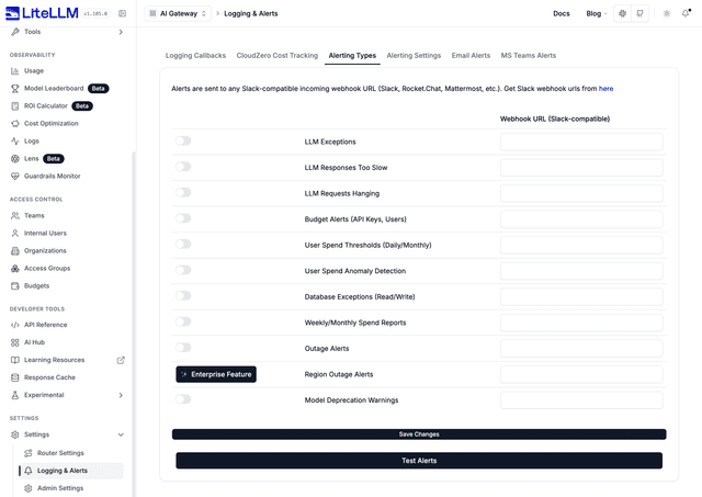 Alerting Types tab in the Admin UI with per-alert toggles and Slack webhook fields