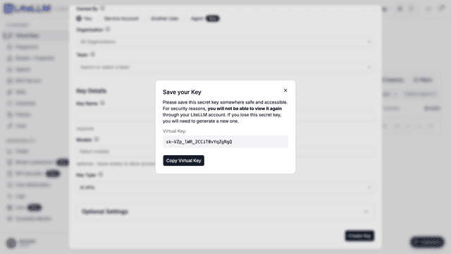 Save your Key modal showing the newly created virtual key