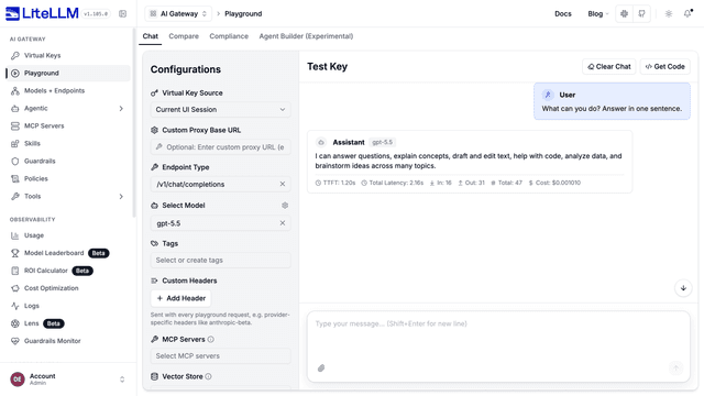 Playground showing a live response from the model with latency and token metrics