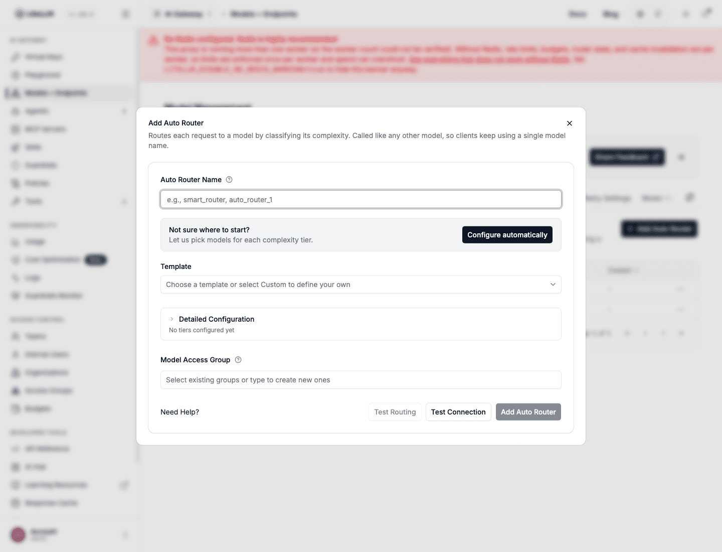 The Add Auto Router dialog in Models + Endpoints, with Configure automatically and template options