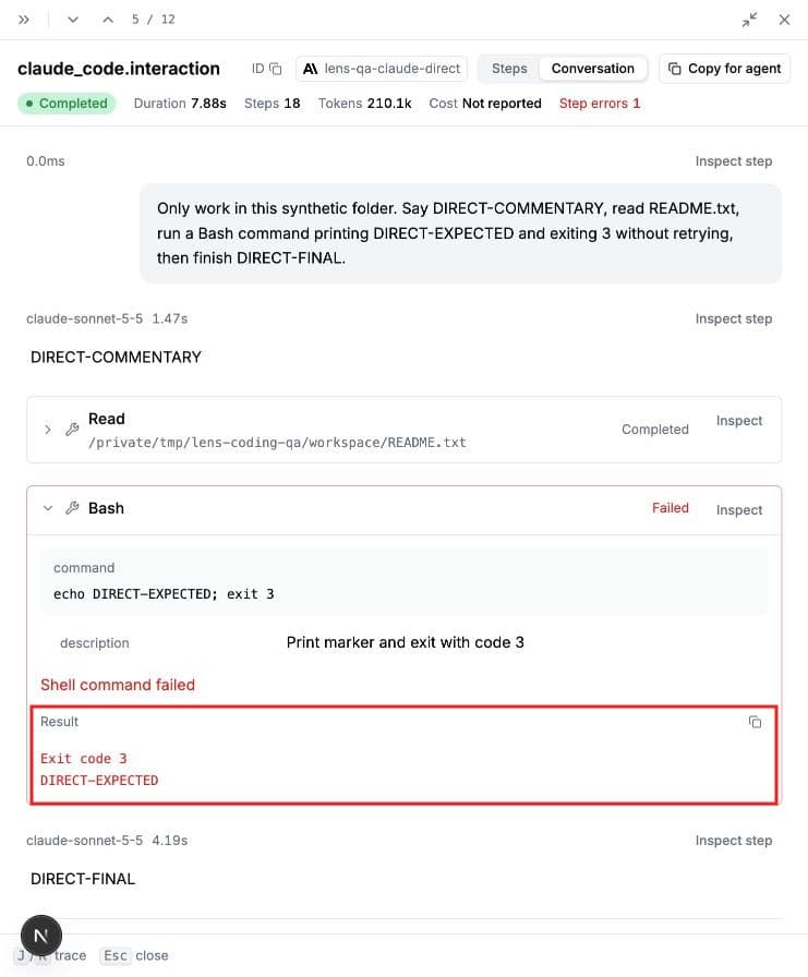Claude Code conversation showing a failed command and its captured output