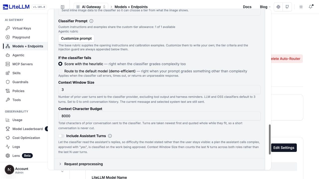 Classifier failure policy, history window, character budget, and assistant-turn controls