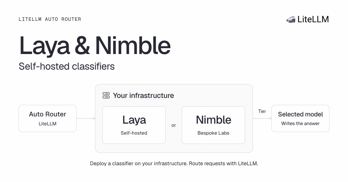 Laya and Nimble self-hosted classifiers: LiteLLM Auto Router sends classification to either model inside your infrastructure, then routes the request to the selected completion model.