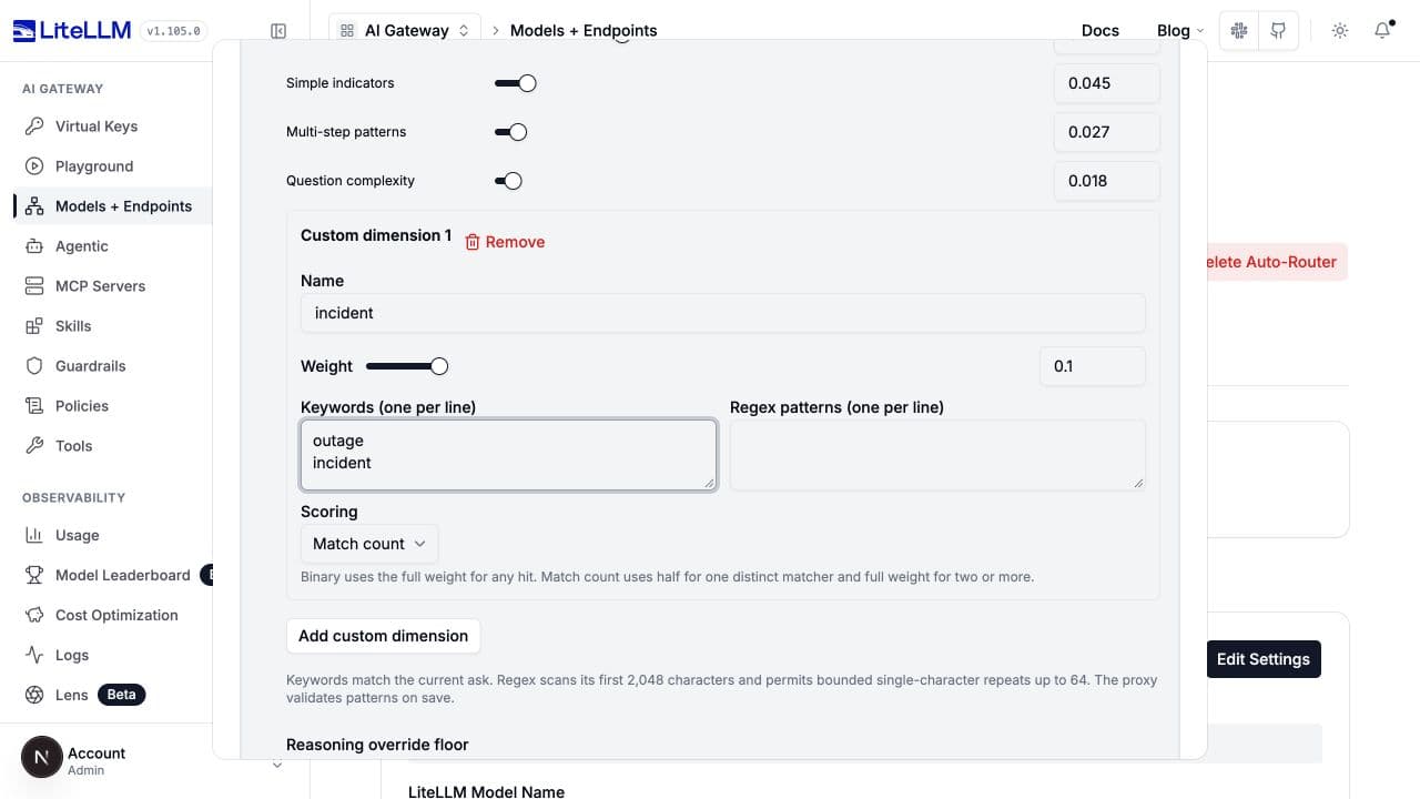 Custom incident dimension with a 0.1 weight, outage and incident keywords, and match-count scoring