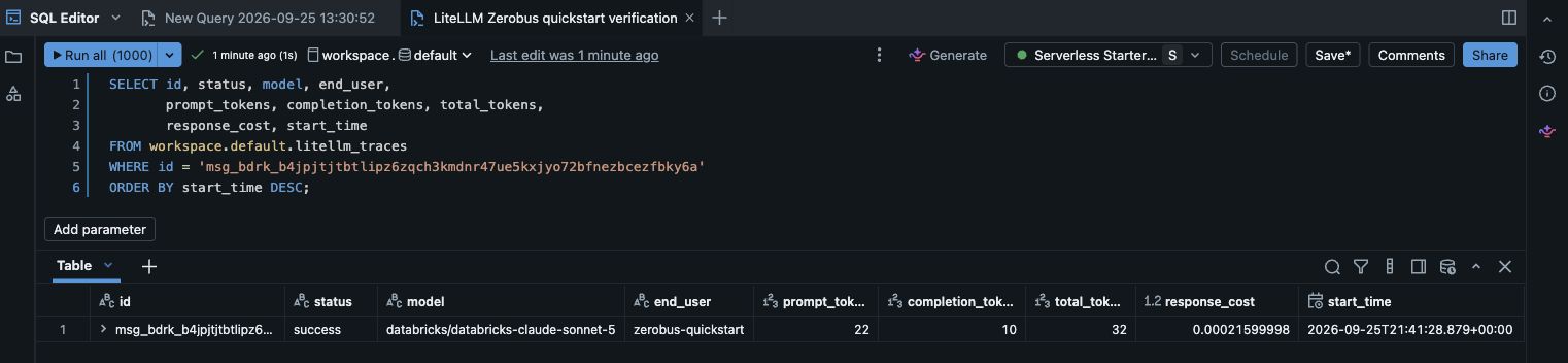 Databricks SQL Editor returning the verified LiteLLM response ID with success status, token counts, and cost.