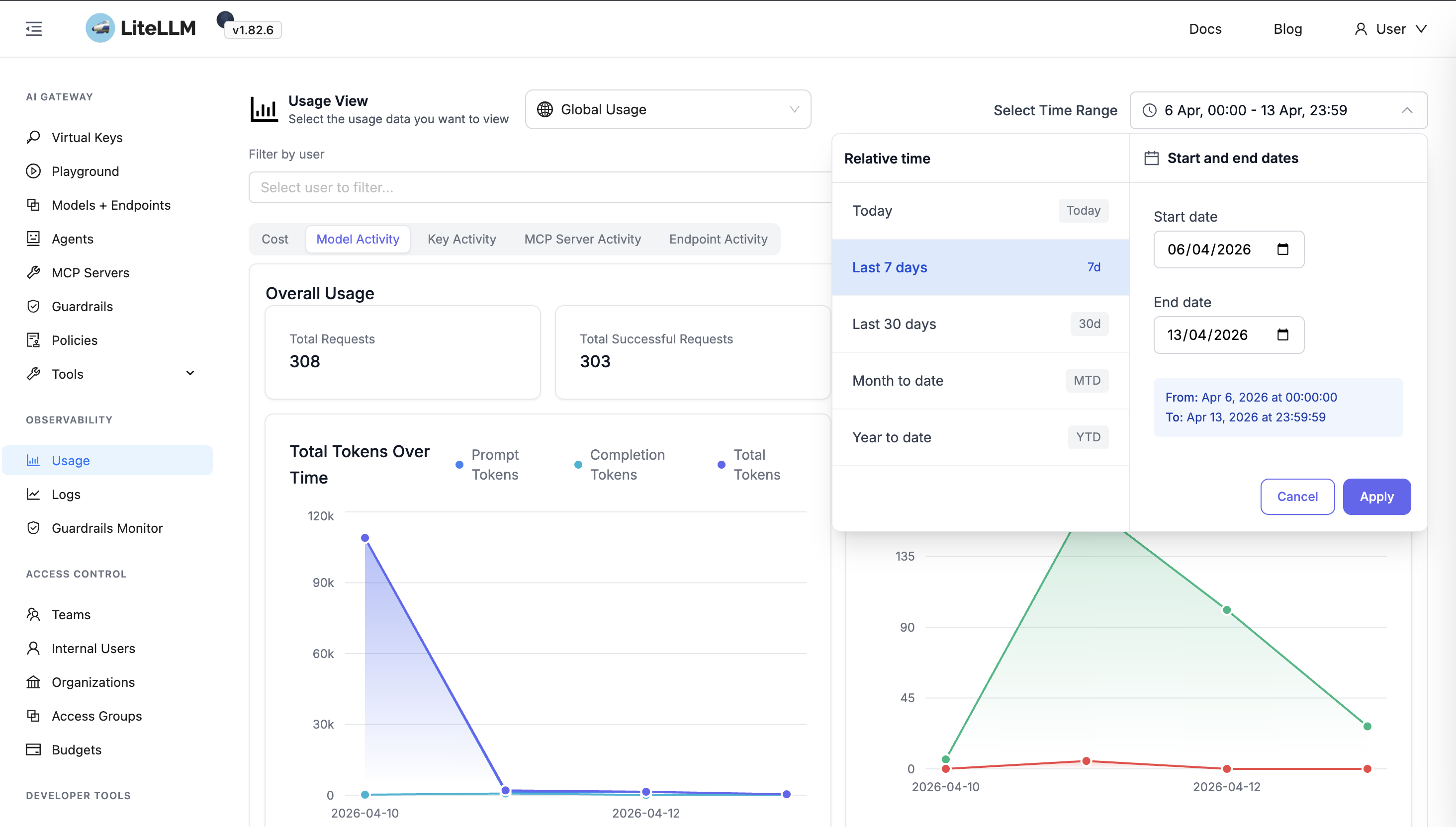 LiteLLM dashboard date range picker