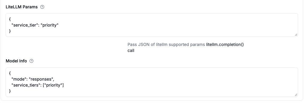 Fast mode in Advanced Settings with service_tier set to priority and Model Info set to responses with only the priority tier