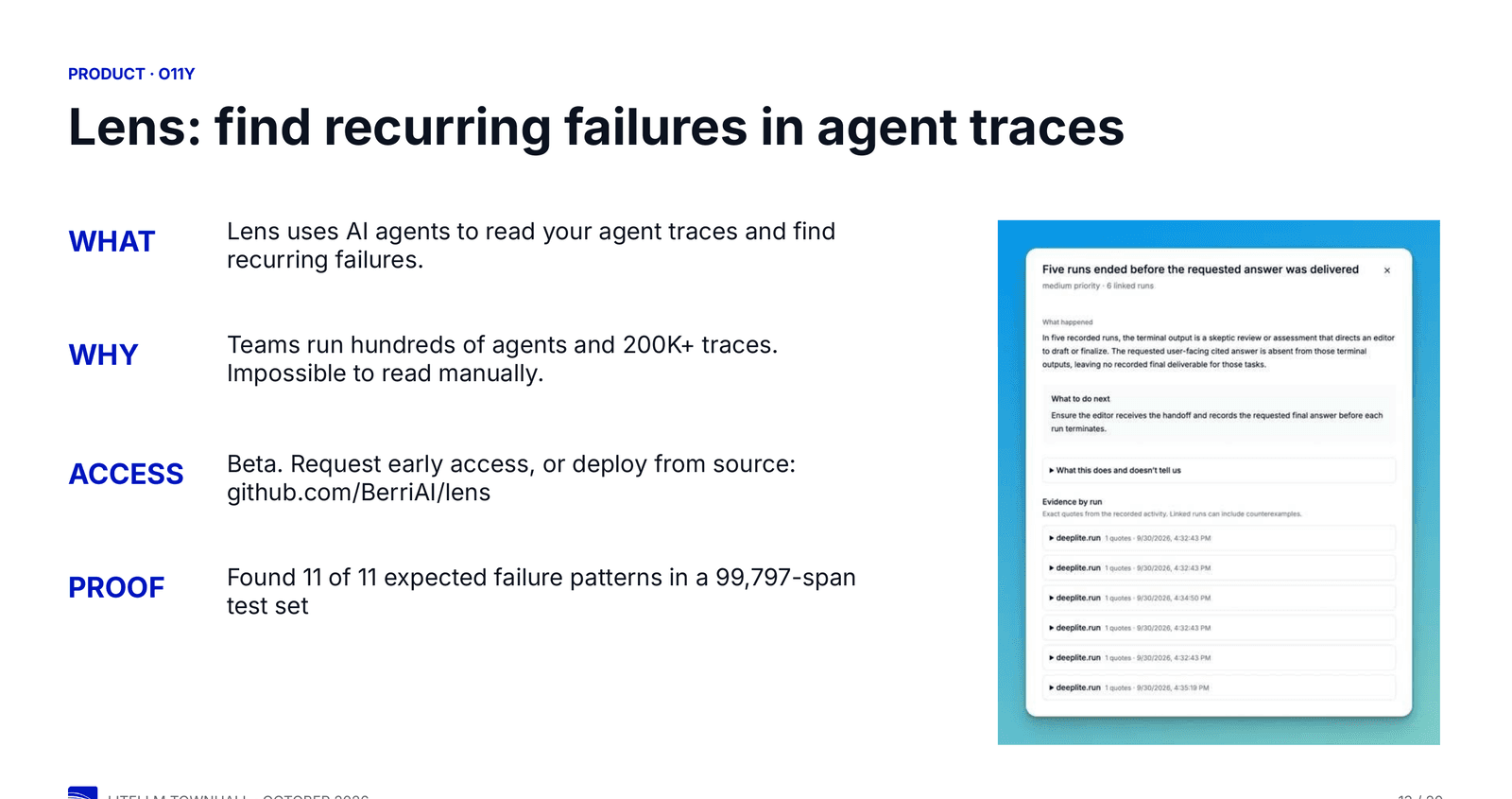Lens investigation card: five runs ended before the requested answer was delivered, with a what-happened summary, a what-to-do-next step and per-run evidence quotes