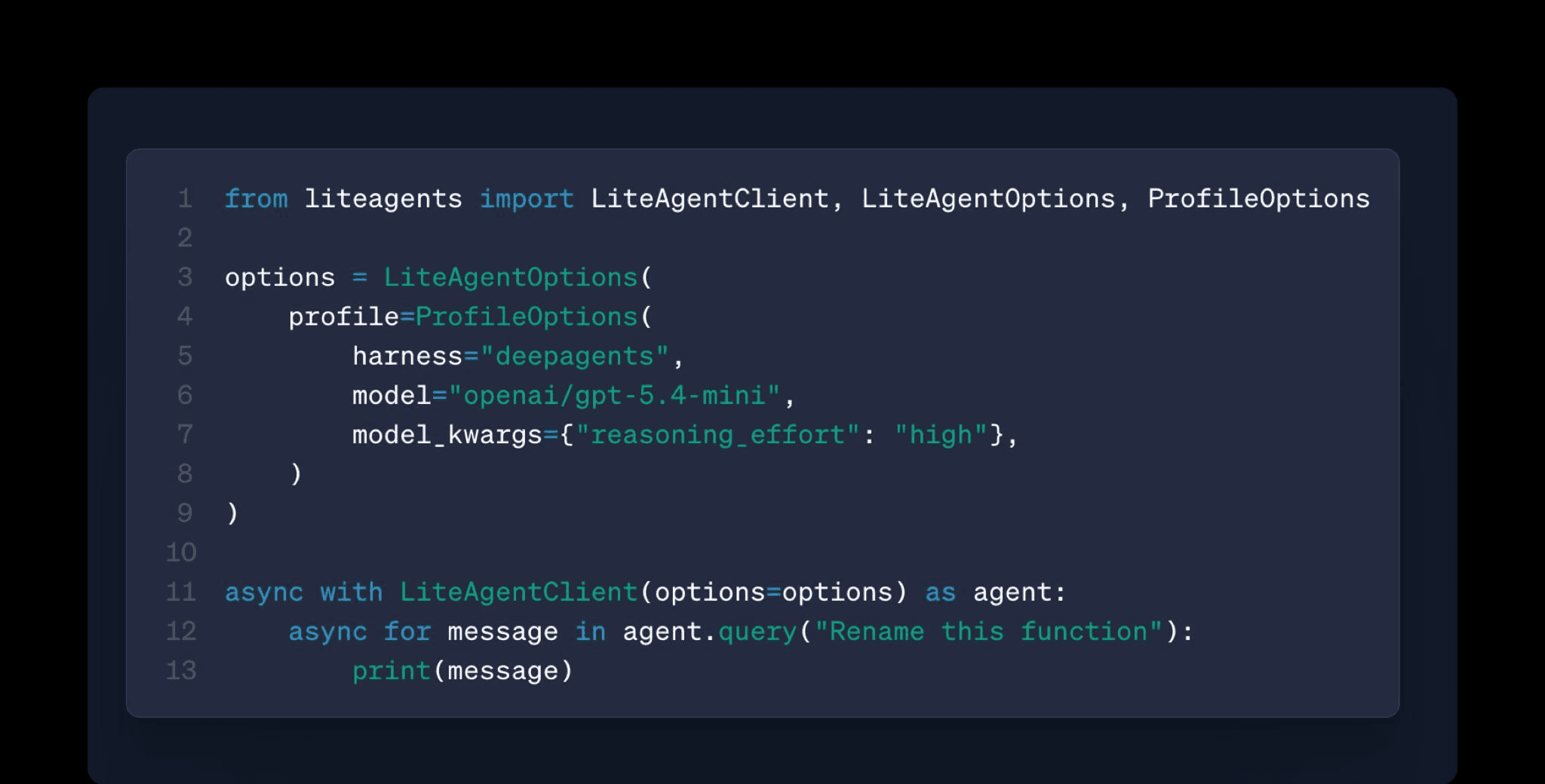 liteagents SDK code sample: a LiteAgentClient is configured with a ProfileOptions block selecting the deepagents harness and a model, then queried for a response