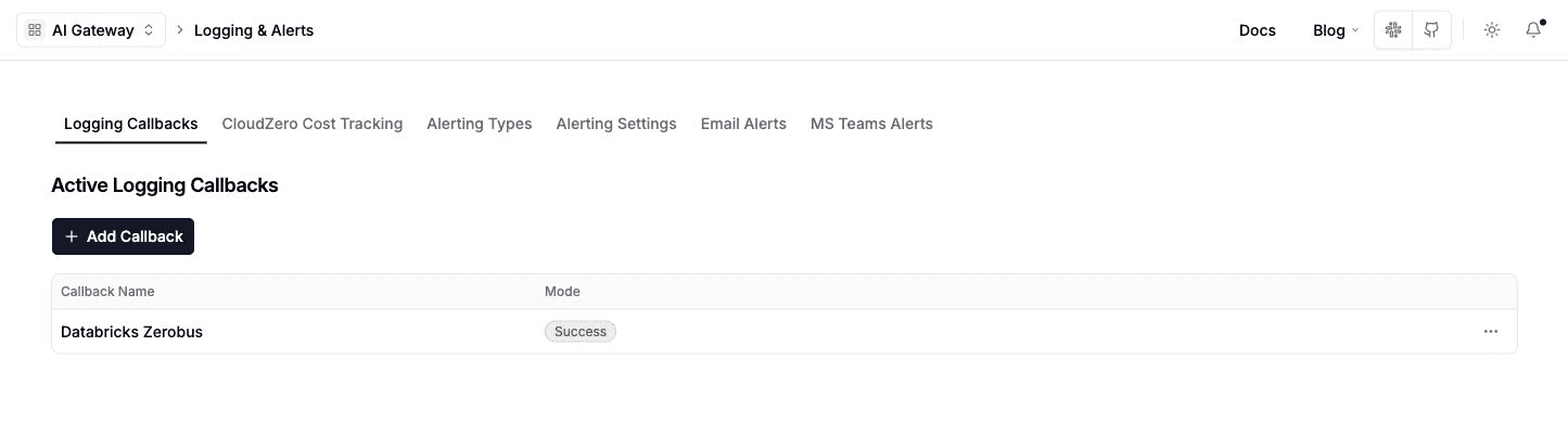 Databricks Zerobus listed as a configured logging callback in LiteLLM