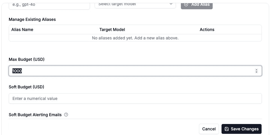 Set Legal’s budget in the LiteLLM team settings