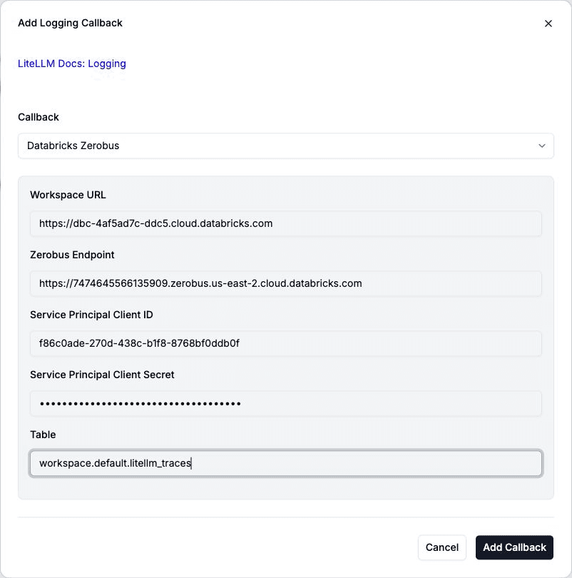 The Databricks Zerobus configuration form in the LiteLLM Admin UI