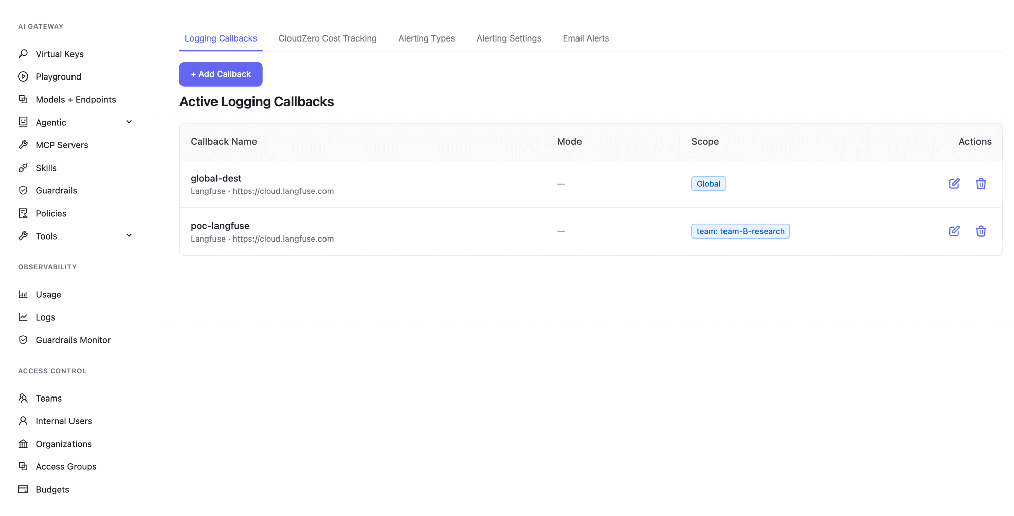 Active logging callbacks, each row showing its scope: one Global, one scoped to a single team
