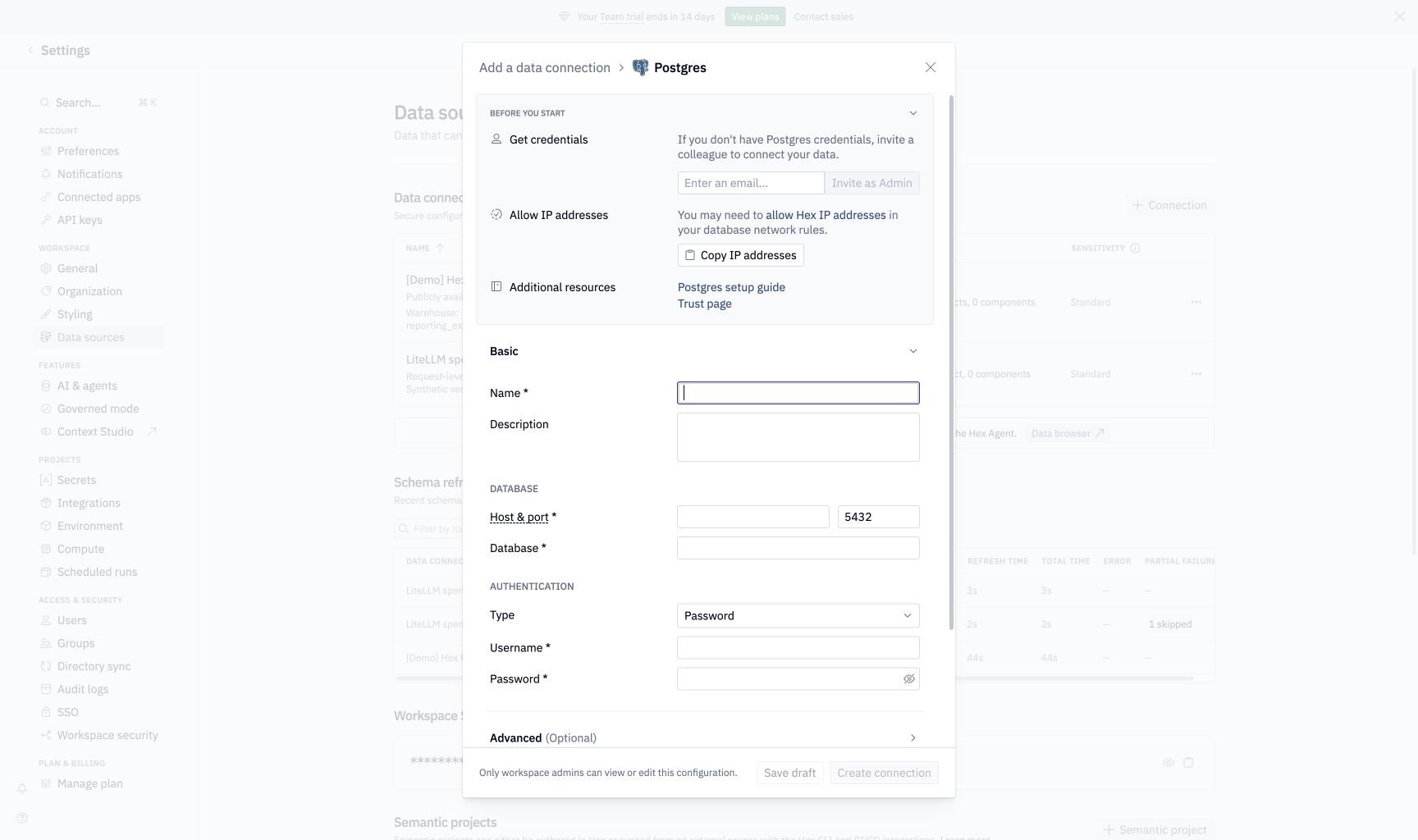 Hex Postgres connection form with empty credential fields