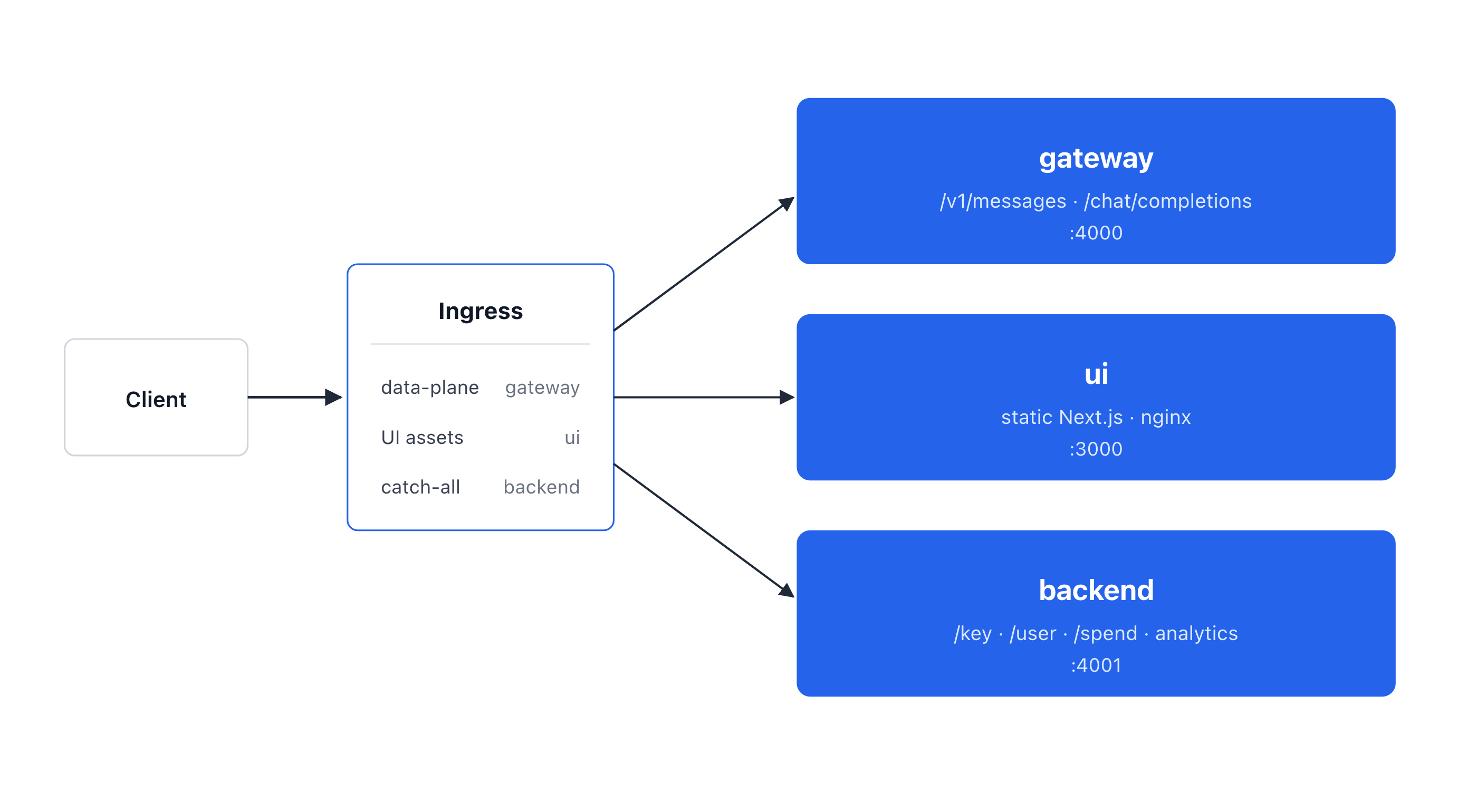 Ingress routing: data-plane prefixes to the gateway, UI assets to nginx, management API to the backend