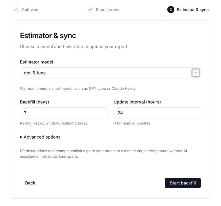 Estimator setup with a model, a seven-day backfill, and a 24-hour update interval