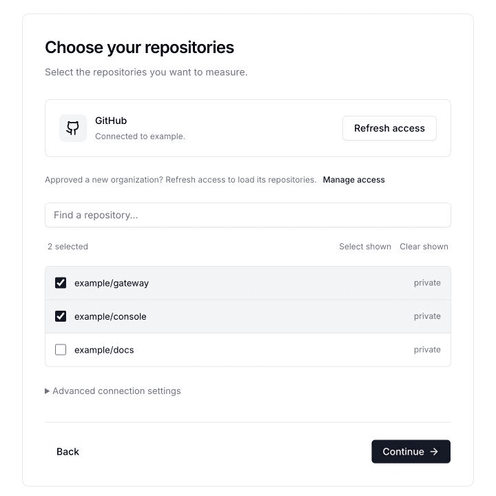 Repository picker with two sample repositories selected