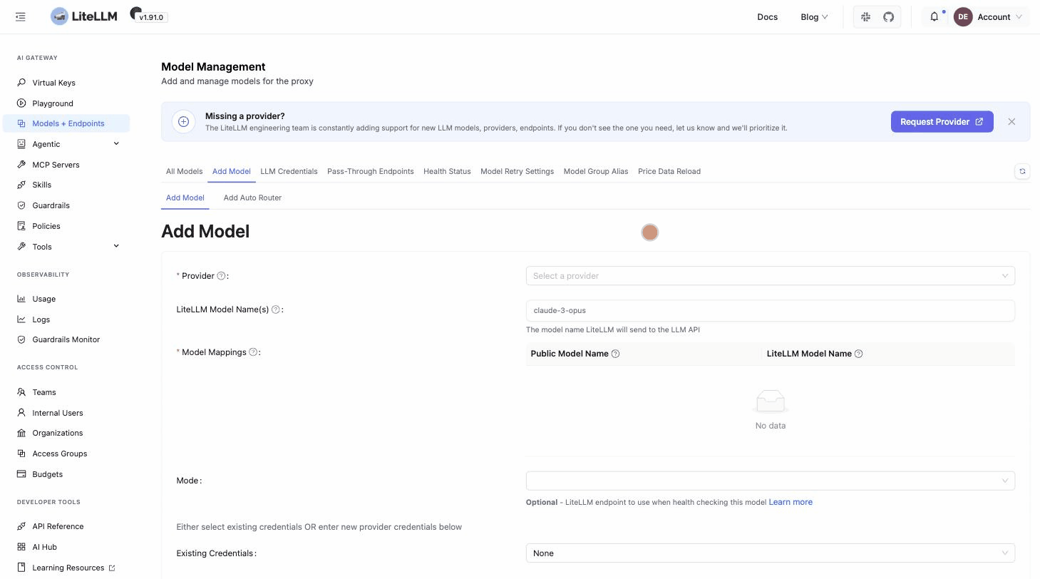 Animated walkthrough: add a model, test it in the Playground, create a virtual key