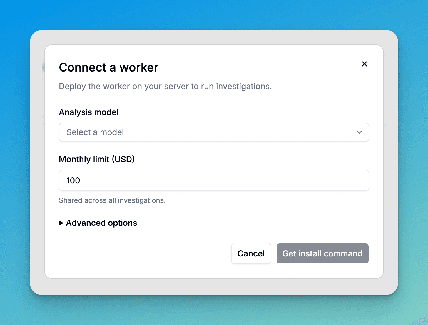 Lens worker setup with an analysis model and a monthly limit.